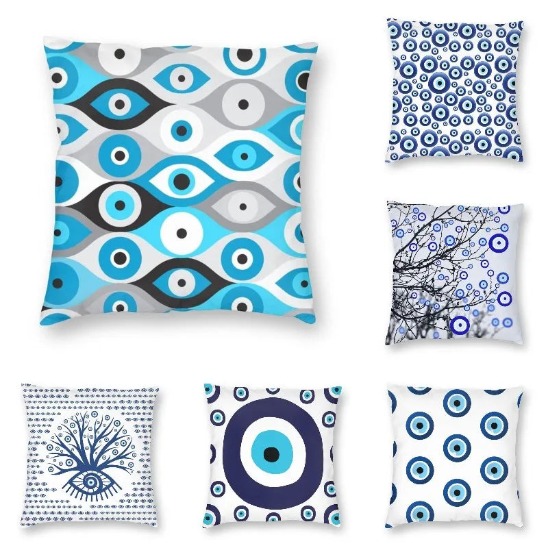 Greek Evil Eye Pattern Blues And Greys Cushion Covers Sofa Home Decor Nazar Amulet Boho Square Throw Pillow Cover