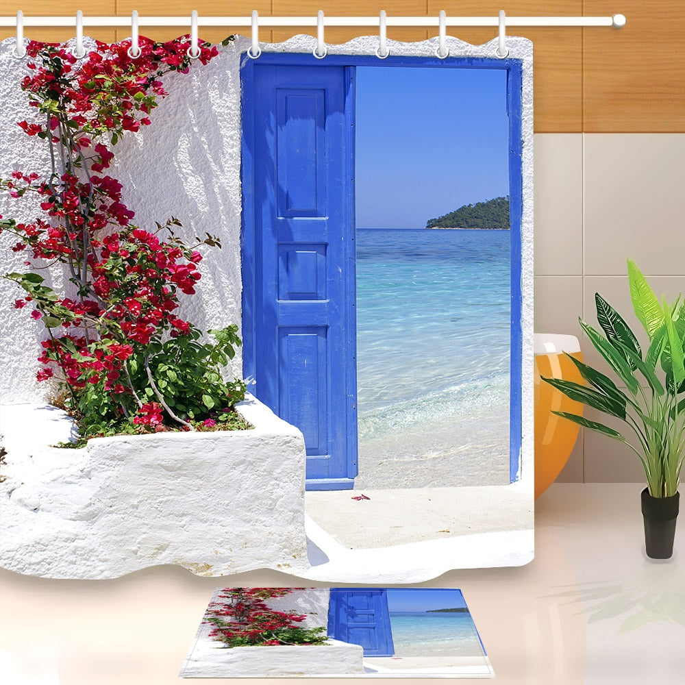 Blue Door with a Sea View on Island Shower Curtain for Bathroom