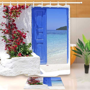 Blue Door with a Sea View on Island Shower Curtain for Bathroom