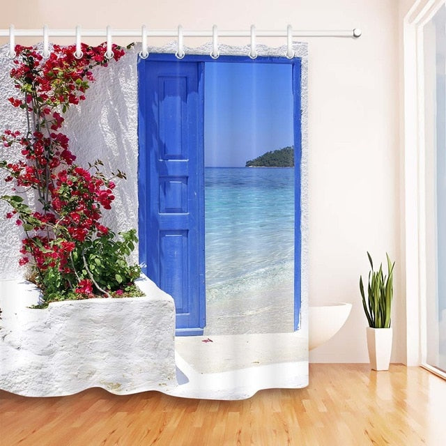 Blue Door with a Sea View on Island Shower Curtain for Bathroom