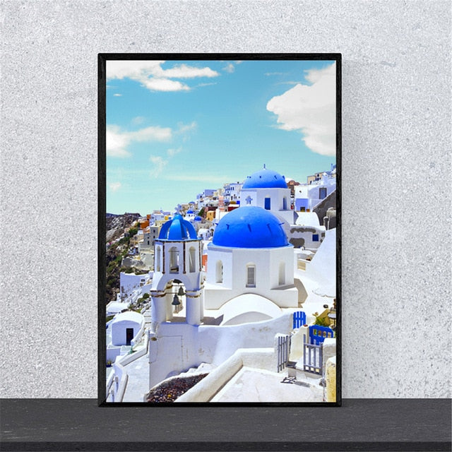 Santorini Greece Blue White Canvas Poster Print