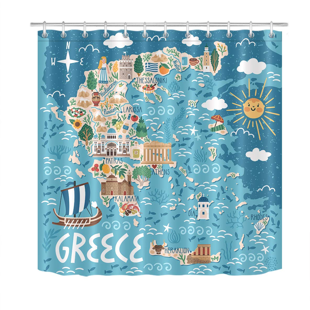 Greece Map Bathroom Shower Curtain