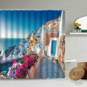 Greek Santorini Bathroom Shower Curtain