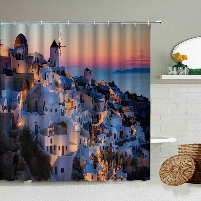 Greek Santorini Bathroom Shower Curtain