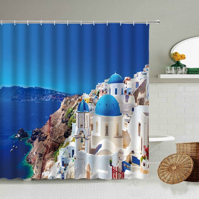 Greek Santorini Bathroom Shower Curtain